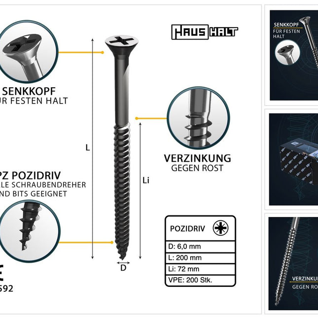 HausHalt Universal Holzbauschraube Holzschraube 6,0 x 200 mm PZ3 200 Stk. ( 2x 000051371223 ) silber verzinkt Kreuzschlitz Pozidriv Senkkopf Teilgewinde - Toolbrothers