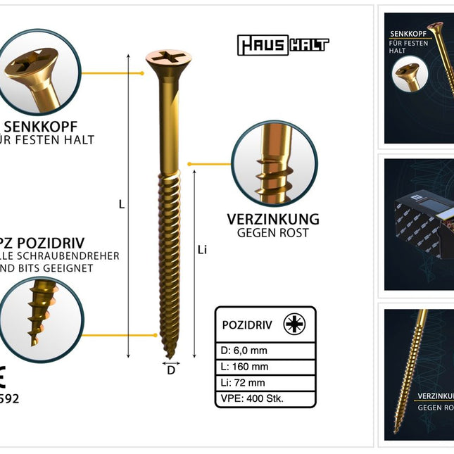 HausHalt Universal Holzbauschraube Holzschraube 6,0 x 160 mm PZ3 400 Stk. ( 4x 000051371220 ) gelb verzinkt Kreuzschlitz Pozidriv Senkkopf Teilgewinde - Toolbrothers