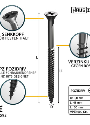 HausHalt Universal Holzbauschraube Holzschraube 5,0 x 45 mm PZ2 600 Stk. ( 2x 000051371196 ) silber verzinkt Kreuzschlitz Pozidriv Senkkopf Teilgewinde - Toolbrothers