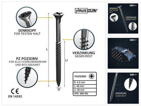 HausHalt Universal Holzbauschraube Holzschraube 4,5 x 45 mm PZ2 800 Stk. ( 2x 000051371170 ) silber verzinkt Kreuzschlitz Pozidriv Senkkopf Teilgewinde - Toolbrothers