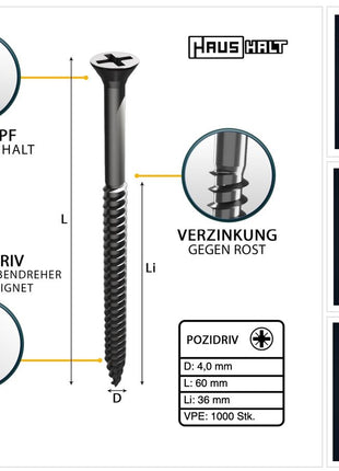 HausHalt Vis universelle pour la construction en bois Vis à bois 4,0 x 60 mm PZ2 1000 pièces (4x 000051371154) Argent galvanisé Fente cruciforme Pozidriv Tête fraisée Filetage partiel