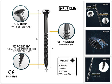 HausHalt Universal Holzbauschraube Holzschraube 4,0 x 60 mm PZ2 1000 Stk. ( 4x 000051371154 ) silber verzinkt Kreuzschlitz Pozidriv Senkkopf Teilgewinde