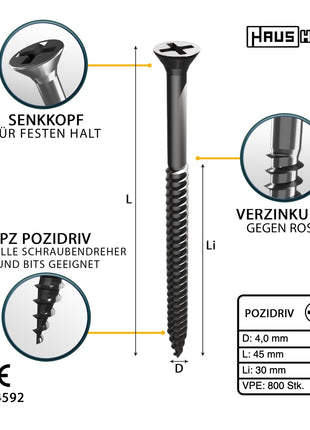 HausHalt Universal Holzbauschraube Holzschraube 4,0 x 45 mm PZ2 800 Stk. ( 2x 000051371117 ) silber verzinkt Kreuzschlitz Pozidriv Senkkopf Teilgewinde - Toolbrothers