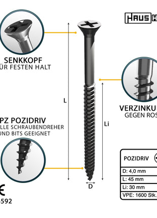 HausHalt Universal Holzbauschraube Holzschraube 4,0 x 45 mm PZ2 1600 Stk. ( 4x 000051371117 ) silber verzinkt Kreuzschlitz Pozidriv Senkkopf Teilgewinde - Toolbrothers