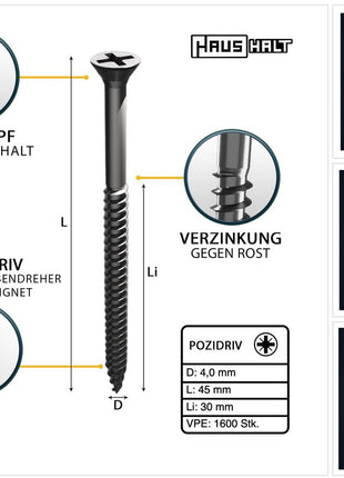 HausHalt Universal Holzbauschraube Holzschraube 4,0 x 45 mm PZ2 1600 Stk. ( 4x 000051371117 ) silber verzinkt Kreuzschlitz Pozidriv Senkkopf Teilgewinde - Toolbrothers