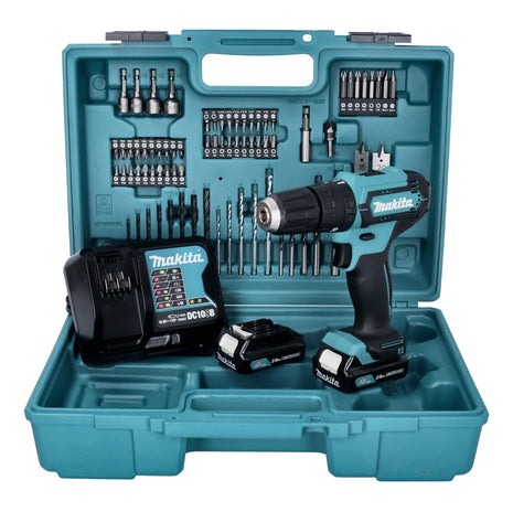 Makita HP 333 DSAX1 cordless impact drill 12 V 30 Nm + 2x rechargeable battery 2.0 Ah + charger + 74-piece bit and drill set + case