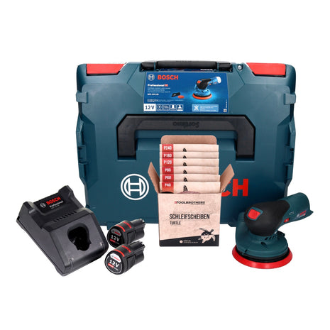 Bosch GEX 12V-125 Levigatrice rotorbitale a batteria professionale 12 V 125 mm brushless + 2x batteria ricaricabile 3,0 Ah + caricabatterie + set di levigatura Toolbrothers TURTLE + L-Boxx