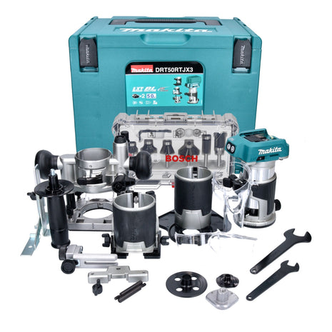 Fraiseuse multifonctionnelle sur batterie Makita DRT 50 ZJX3 18 V sans balais + modules de fraisage + jeu de fraises 6 pièces + Makpac - sans batterie, sans chargeur