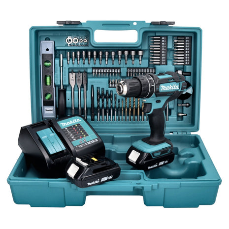 Makita DHP 482 SA2X5 trapano a percussione a batteria 18 V 62 Nm + 2x batteria ricaricabile 2,0 Ah + caricabatterie + set di accessori da 101 pezzi + valigetta