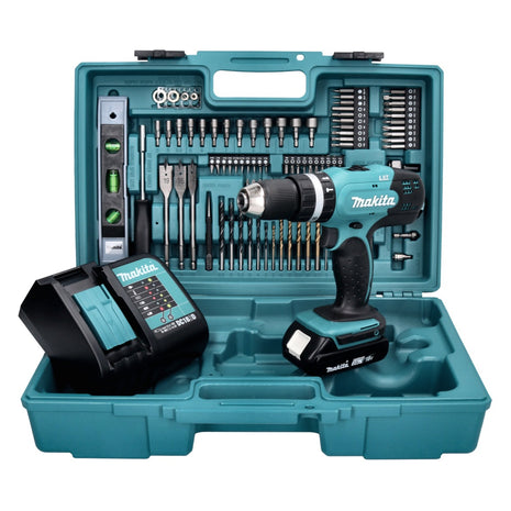 Makita DHP 453 SAX5 Perceuse-visseuse à percussion sans fil 18 V 42 Nm + 1x batterie 2,0 Ah + chargeur + 101 pcs. kit accessoires + coffret