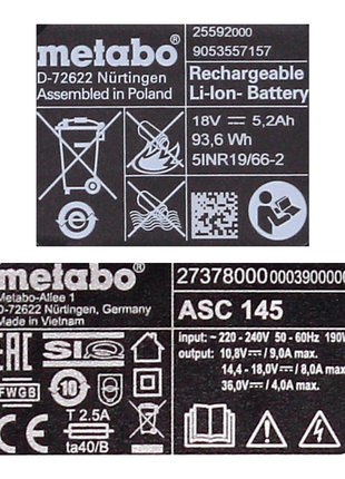 Metabo Kit de base sans fil 18V avec 2x batterie 5,2Ah + chargeur ASC 145 ( 685051380 )