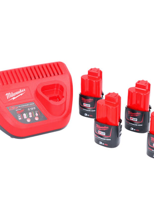 Milwaukee M12 NRG-304 kit de inicio de batería 4x 12 V 3,0 Ah / 3000 mAh Li-Ion (4x 4932451388) + cargador M12-C12C (4932352000)