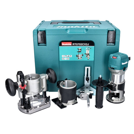 Makita RT 0702 CX2J Wielofunkcyjna frezarka górnowrzecionowa 710 W 6/8 mm + moduł frezarki górnowrzecionowej + moduł frezarki krawędziowej + moduł frezarki kątowej + Makpac