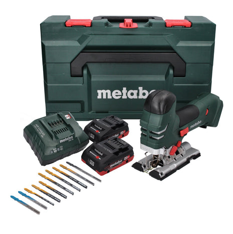 Metabo STA 18 LTX 140 Akku Stichsäge 18 V + 2x Akku 4,0 Ah + Ladegerät + 10 tlg. Stichsägeblatt Set + metaBOX