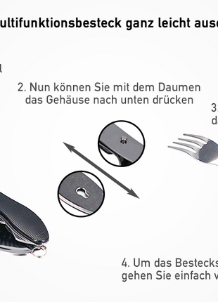 Toolbrothers 4 in 1 Multifunktions - Besteck Set in schwarz aus Löffel, Messer, Gabel, Flaschenöffner Campingausrüstung, faltbar, leicht zu reinigen - Toolbrothers