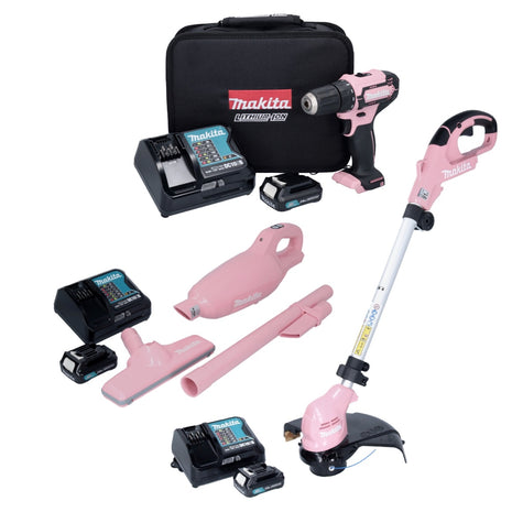 Makita Pink Lady Edition Set 12 V DF 333 DSAP1 Akku Bohrschrauber + CL 108 FDSAP Staubsauger + UR 100 DSAP Rasentrimmer + 3x Akku 2,0 Ah + 3x Ladegerät