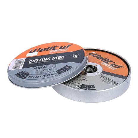 Disco de corte para metal WellCut 10x Extreme, diámetro 115 mm, espesor 1,2 mm, orificio 22,3 mm, en caja de metal, solo para uso en seco ( ‎WCA1152-10 )