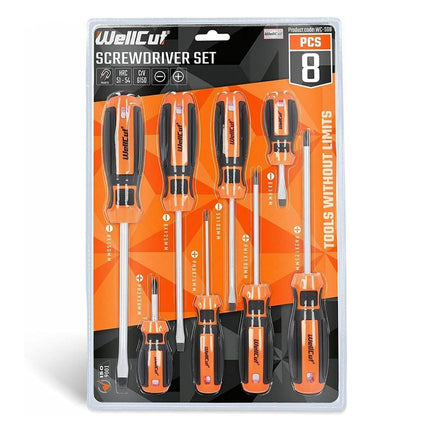 WellCut magnetisches Schraubendreher-Set, 8-teilig, Kreuzschlitz-Schlitz-Werkzeug-Bit, Chrom-Vanadium-Stahl, mit weichen Soft-Grip-Griffen ( WC-SD8 )