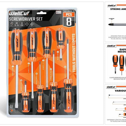 WellCut magnetisches Schraubendreher-Set, 8-teilig, Kreuzschlitz-Schlitz-Werkzeug-Bit, Chrom-Vanadium-Stahl, mit weichen Soft-Grip-Griffen ( WC-SD8 )