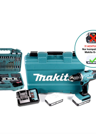 Makita DF 457 DWE 10 Akku Bohrschrauber 18 V 42 Nm G-Serie + 2x Akku 1,5 Ah + Ladegerät + 101 tlg. Bit Bohrer Set + Koffer