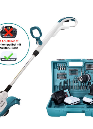 Coupe-bordure sur batterie Makita UR 180 DZ 18 V 260 mm série G + perceuse à percussion sur batterie HP 457 DWE10 18 V 42 Nm + 2 batteries 1,5 Ah + chargeur + jeu de 74 embouts de forage