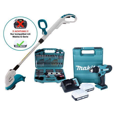 Makita DF 488 DWE10 Akku Bohrschrauber 18 V 42 Nm G-Serie + Makita UR 180 DZ Akku Rasentrimmer + 2x Akku 1,5 Ah + Ladegerät + 101 tlg. Bit Bohrer Set + Koffer