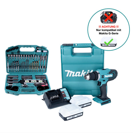 Makita DF 488 DWE10 Akku Bohrschrauber 18 V 42 Nm G-Serie + 2x Akku 1,5 Ah + Ladegerät + 101 tlg. Bit Bohrer Set + Koffer