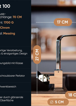 Rosenhahn & Söhne Juist 100 Küchenarmatur 360° Drehbarer Wasserhahn Küche - Armatur Küche [Chrom] - 2-fach verstellbare Spültischarmatur + Anschlussschläuche - Toolbrothers