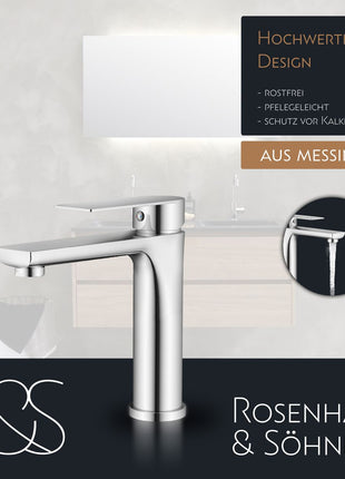 Rosenhahn & Söhne Poel M Design Badarmatur Wasserhahn Badezimmer - Armatur Bad [Chrom] - Heiß + Kalt Waschtischarmatur + Anschlussschläuche - Toolbrothers