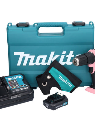 Makita HP 333 DSAP Akku Schlagbohrschrauber 12 V 30 Nm rosa + 1x Akku 2,0 Ah + Ladegerät + Holster + Koffer