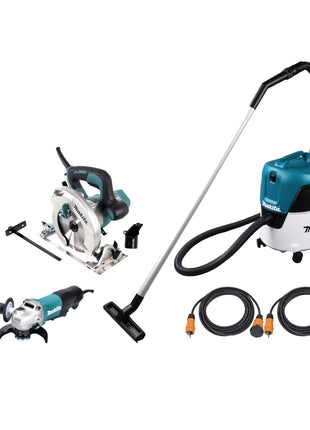 Amoladora angular Makita GA 5050 R + sierra circular eléctrica HS 6601 + aspirador en seco y húmedo VC 2000 L + 2x cables de extensión