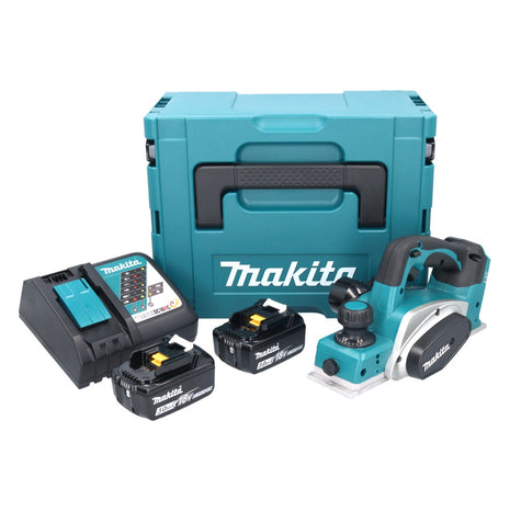 Cepilladora de batería Makita DKP 180 RFJ 18 V 82 mm + 2x baterías 3,0 Ah + cargador + Makpac