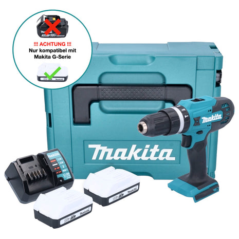 Makita HP 488 DWYJ 18 V Perceuse-visseuse à percussion sans fil 42 Nm série G + 2x Batteries 1,5 Ah + Chargeur + Coffret Makpac