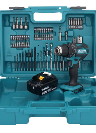 Makita DHP 482 T1X1 Perceuse-visseuse à percussion sans fil 18 V + 1x Batterie 5,0 Ah + kit d'accessoires - 74 pièces + Mallette - sans chargeur