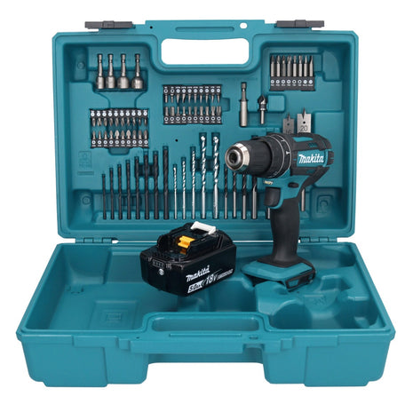 Makita DHP 482 T1X1 Perceuse-visseuse à percussion sans fil 18 V + 1x Batterie 5,0 Ah + kit d'accessoires - 74 pièces + Mallette - sans chargeur