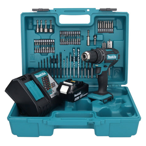 Taladro percutor inalámbrico Makita DHP 482 RT1X1 18 V + 1x batería 5,0 Ah + cargador + set de accesorios 74 piezas + estuche