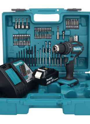 Makita DHP 482 RG1X1 Perceuse-visseuse à percussion sans fil 18 V + 1x Batterie 6,0 Ah + Chargeur + kit d'accessoires - 74 pièces + Mallette