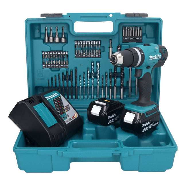 Makita DHP 453 RFX1 Akku Schlagbohrschrauber 18 V 42 Nm + 2x Akku 3,0 Ah + Ladegerät + 74 tlg. Zubehörset + Koffer