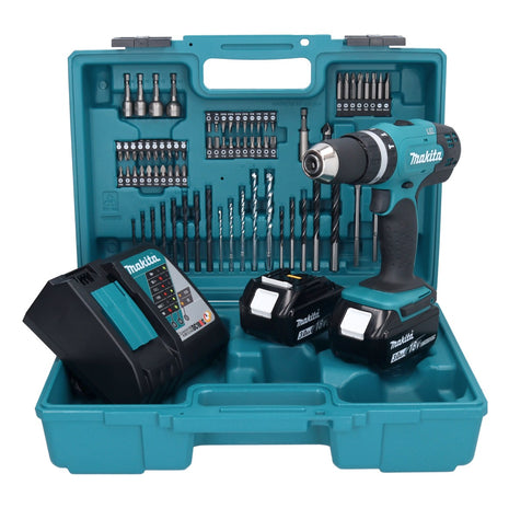 Makita DHP 453 RFX1 Perceuse-visseuse à percussion sans fil 18 V 42 Nm + 2x Batteries 3,0 Ah + Chargeur + Kit d'accessoires - 74 pièces + Coffret