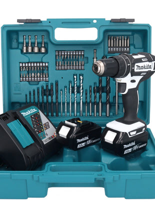 Taladro percutor inalámbrico Makita DHP 482 RFX1W 18 V 62 Nm + 2x baterías 3,0 Ah + cargador + set de accesorios 74 piezas + estuche