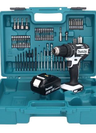 Taladro percutor inalámbrico Makita DHP 482 T1X1W 18 V 62 Nm + 1x batería 5,0 Ah + set de accesorios 74 piezas + maletín - sin cargador