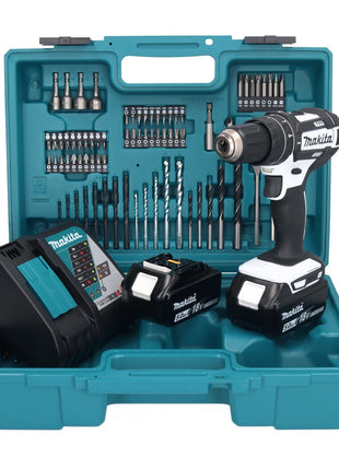 Taladro percutor inalámbrico Makita DHP 482 RTX1W 18 V 62 Nm + 2x baterías 5,0 Ah + cargador + set de accesorios 74 piezas + estuche