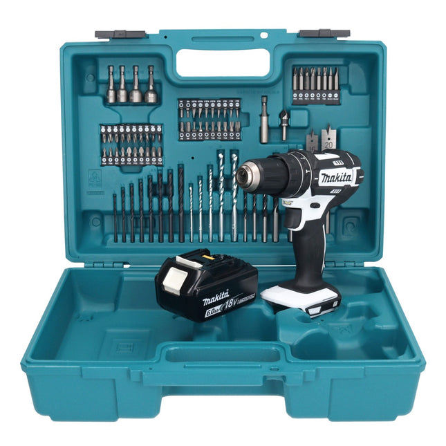 Makita DHP 482 G1X1W Akku Schlagbohrschrauber 18 V 62 Nm + 1x Akku 6,0 Ah + 74 tlg. Zubehörset + Koffer - ohne Ladegerät