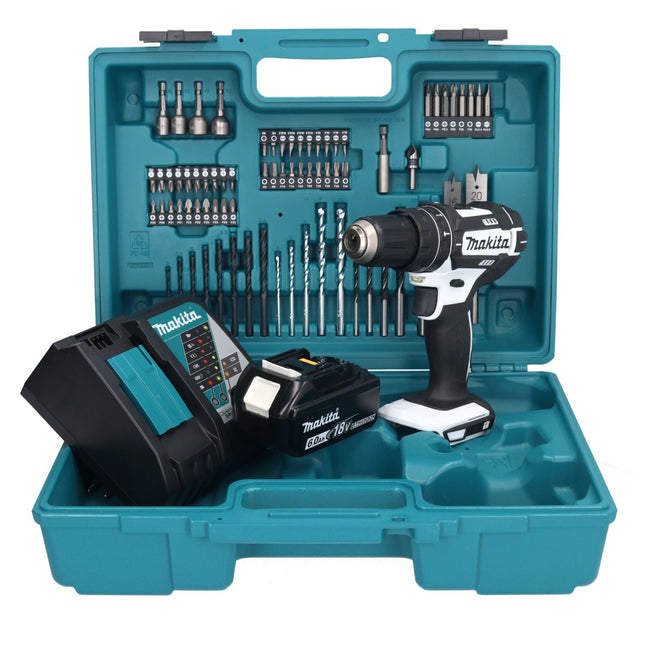 Makita DHP 482 RG1X1W Akku Schlagbohrschrauber 18 V 62 Nm + 1x Akku 6,0 Ah + Ladegerät + 74 tlg. Zubehörset + Koffer