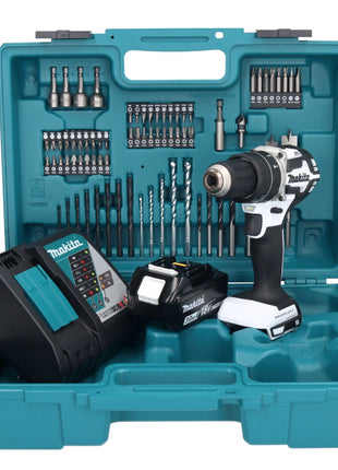 Makita DHP 484 RF1X1W Perceuse-visseuse à percussion sans fil 18 V 54 Nm brushless blanc + 1x Batterie 3,0 Ah + Chargeur + set d'accessoires - 74 pièces + Mallette