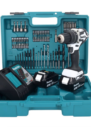 Makita DHP 484 RFX1W taladro percutor inalámbrico 18 V 54 Nm sin escobillas blanco + 2x baterías 3,0 Ah + cargador + set de accesorios 74 piezas + estuche