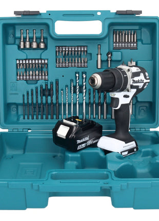 Makita DHP 484 T1X1W taladro percutor inalámbrico 18 V 54 Nm sin escobillas blanco + 1x batería 5,0 Ah + set de accesorios 74 piezas + maletín - sin cargador