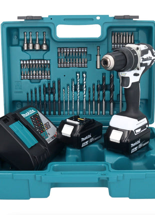 Makita DHP 484 RTX1W Akku Schlagbohrschrauber 18 V 54 Nm Brushless Weiß + 2x Akku 5,0 Ah + Ladegerät + 74 tlg. Zubehörset + Koffer