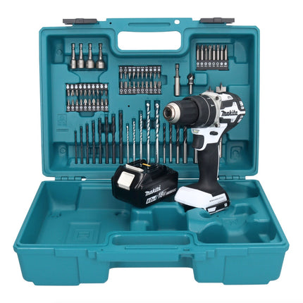 Makita DHP 484 G1X1W Akku Schlagbohrschrauber 18 V 54 Nm Brushless Weiß + 1x Akku 6,0 Ah + 74 tlg. Zubehörset + Koffer - ohne Ladegerät