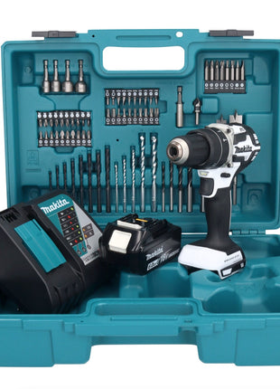 Makita DHP 484 RG1X1W taladro percutor inalámbrico 18 V 54 Nm sin escobillas blanco + 1x batería 6,0 Ah + cargador + set de accesorios 74 piezas + estuche